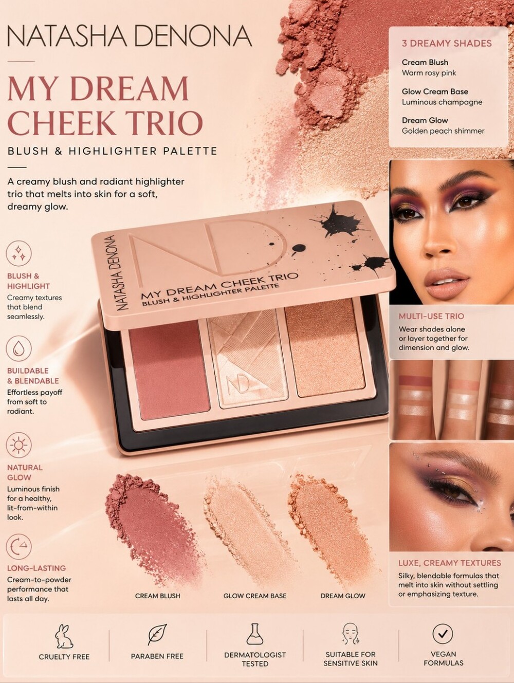 Natasha Denona My Dream Cheek Trio Blush & Highlighter Palette